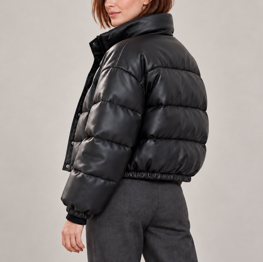 Maeline | Chic Black Puffer Jacket for Women with Cropped Vegan-Leather Finish