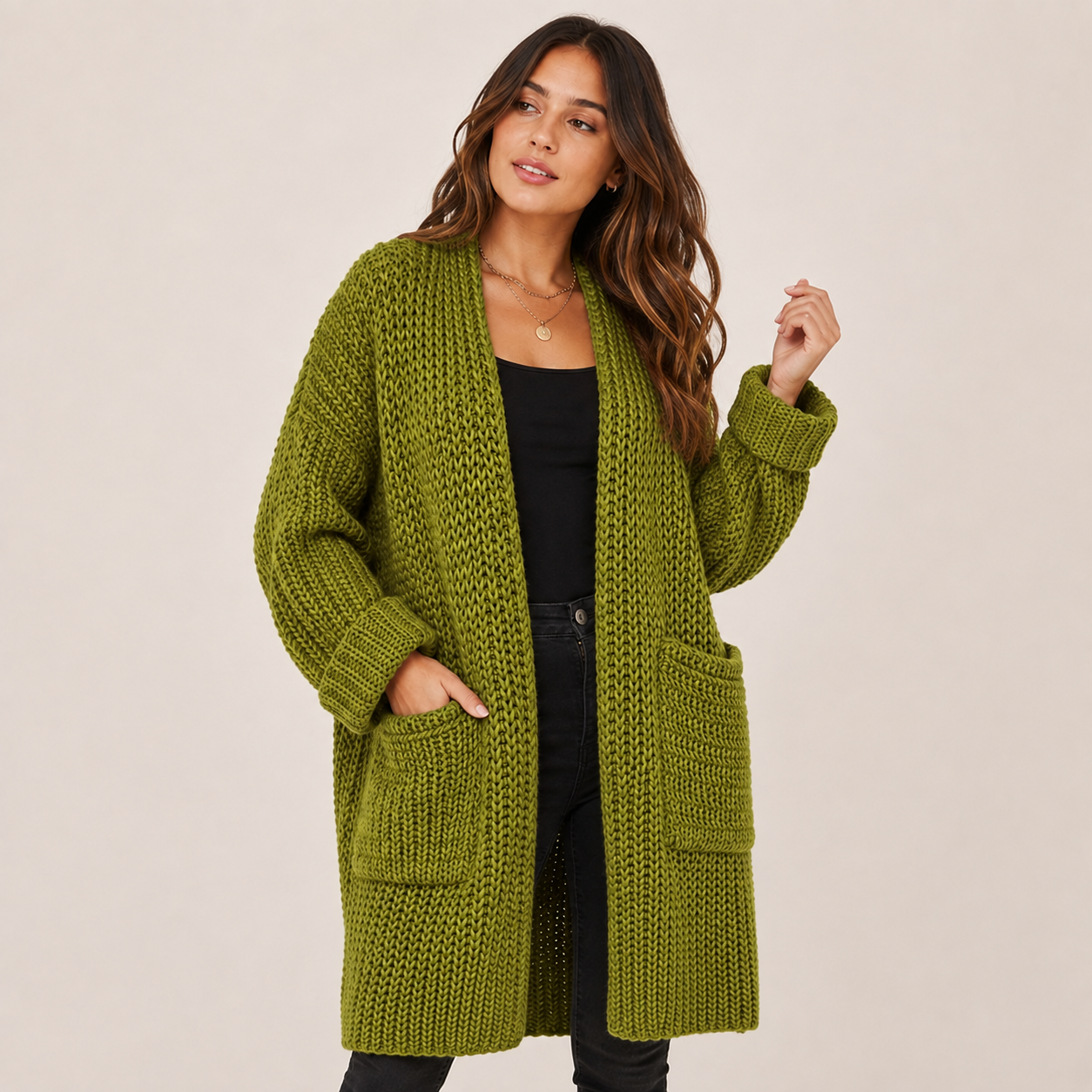 Delphine | Elegant Long Cardigan for Women with Chunky Open-Front Knit