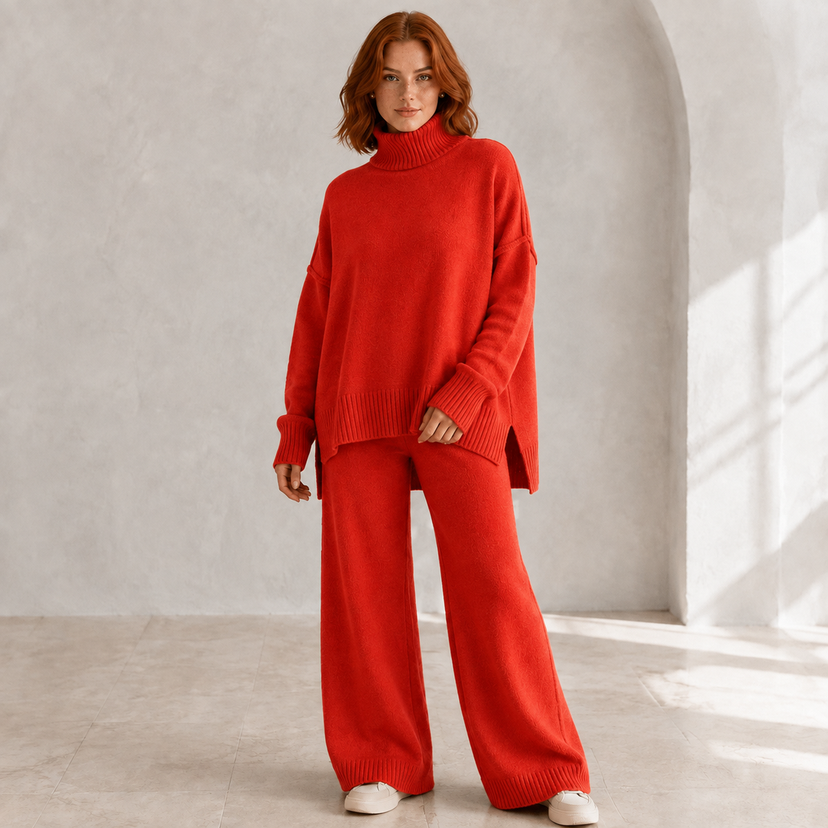 Elara | Cosy Loungewear Set for Women with Oversized Turtleneck & Wide-Leg Trousers