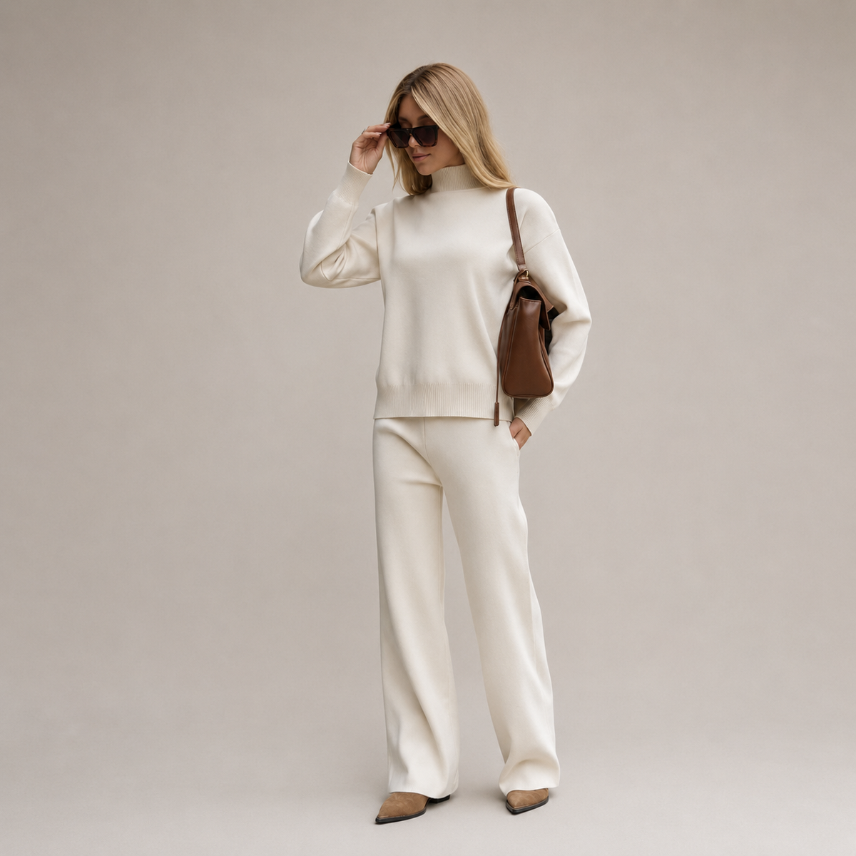 Simone | Elegant Cotton Knit Set with High Collar