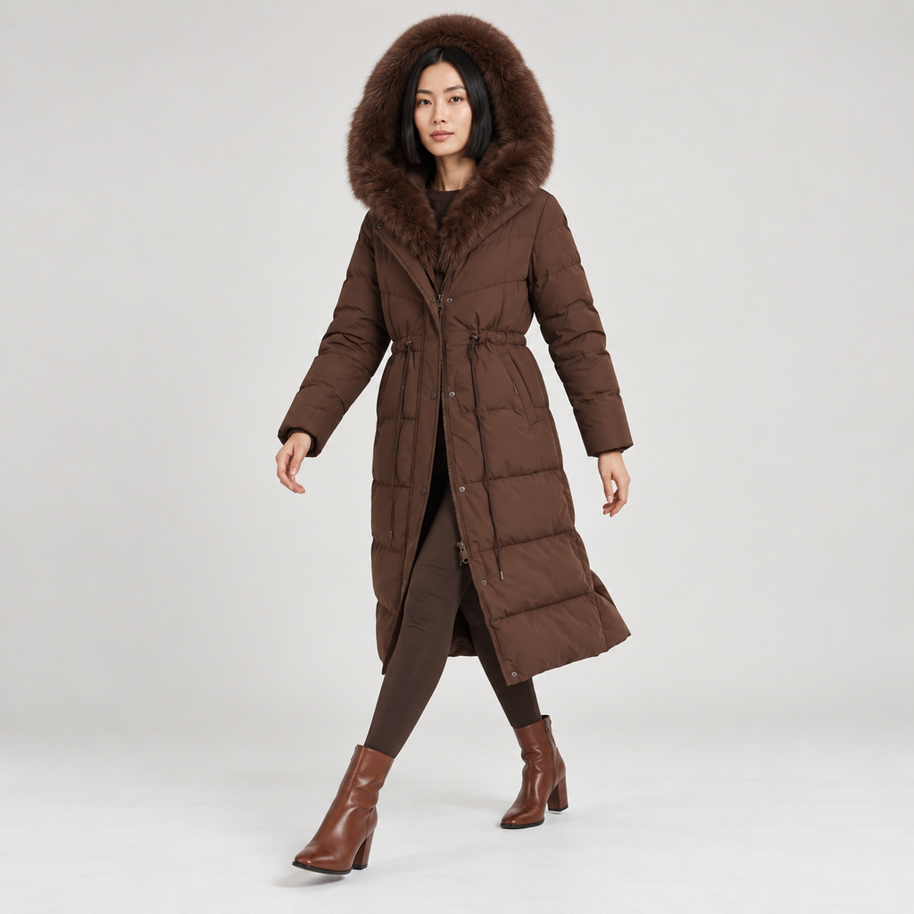 Celestine | Elegant Puffer Coat for Women with Longline Shape & Faux-Fur Hood