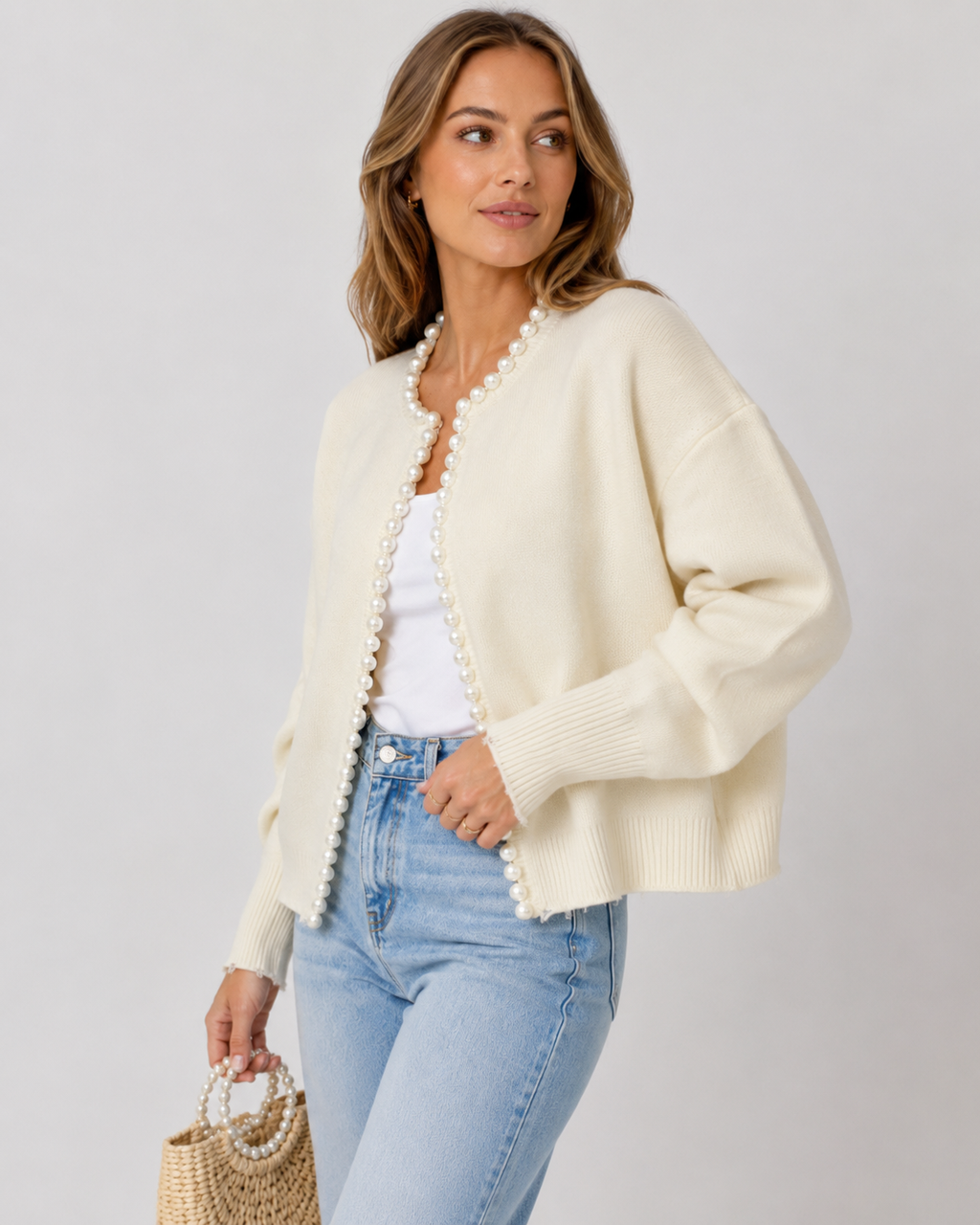 Wilhelmina – Open Cardigan with Elegant Pearl Trim Detail