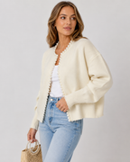 Wilhelmina – Open Cardigan with Elegant Pearl Trim Detail