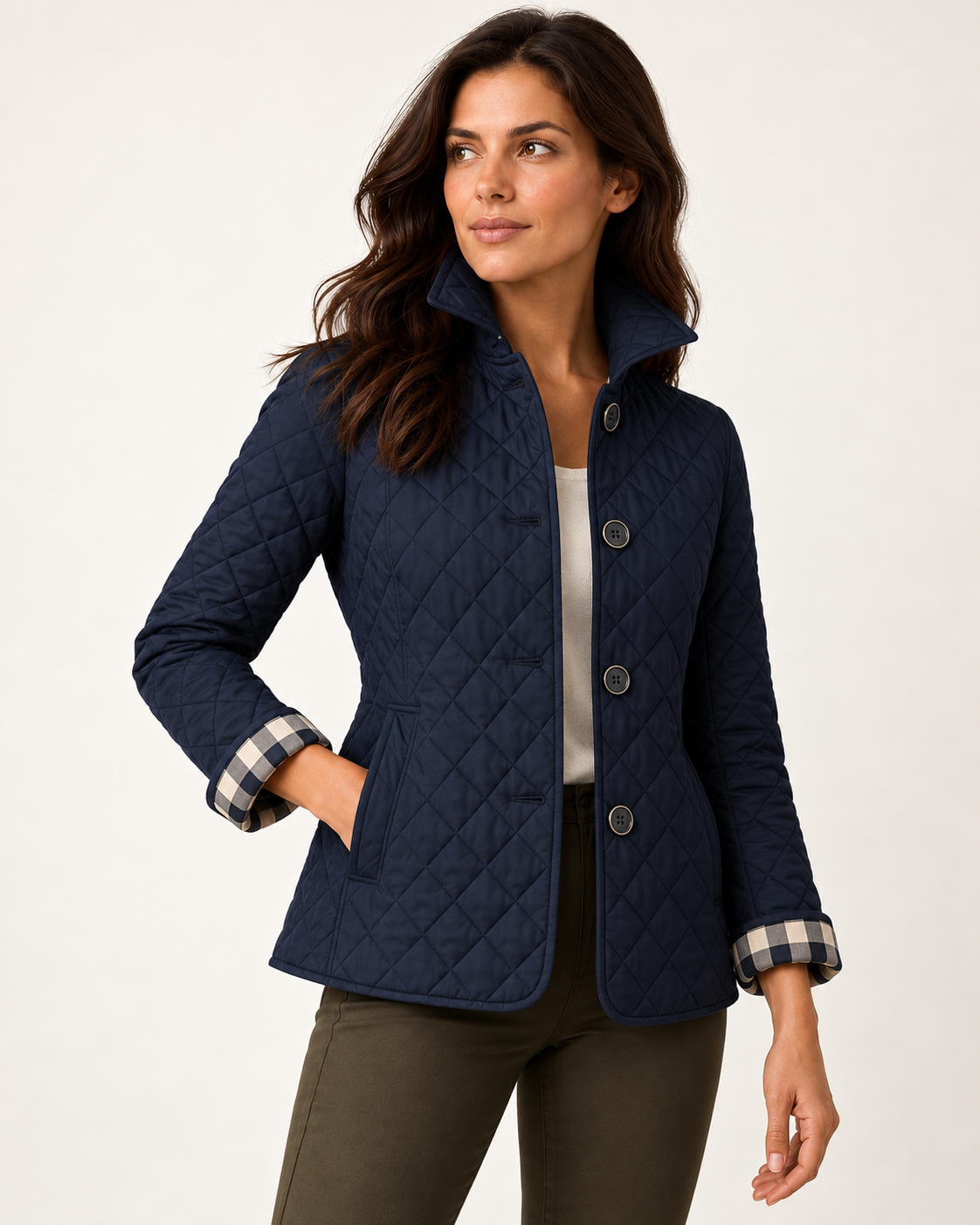 Verity | Fitted Diamond Quilted Jacket with Check Lining