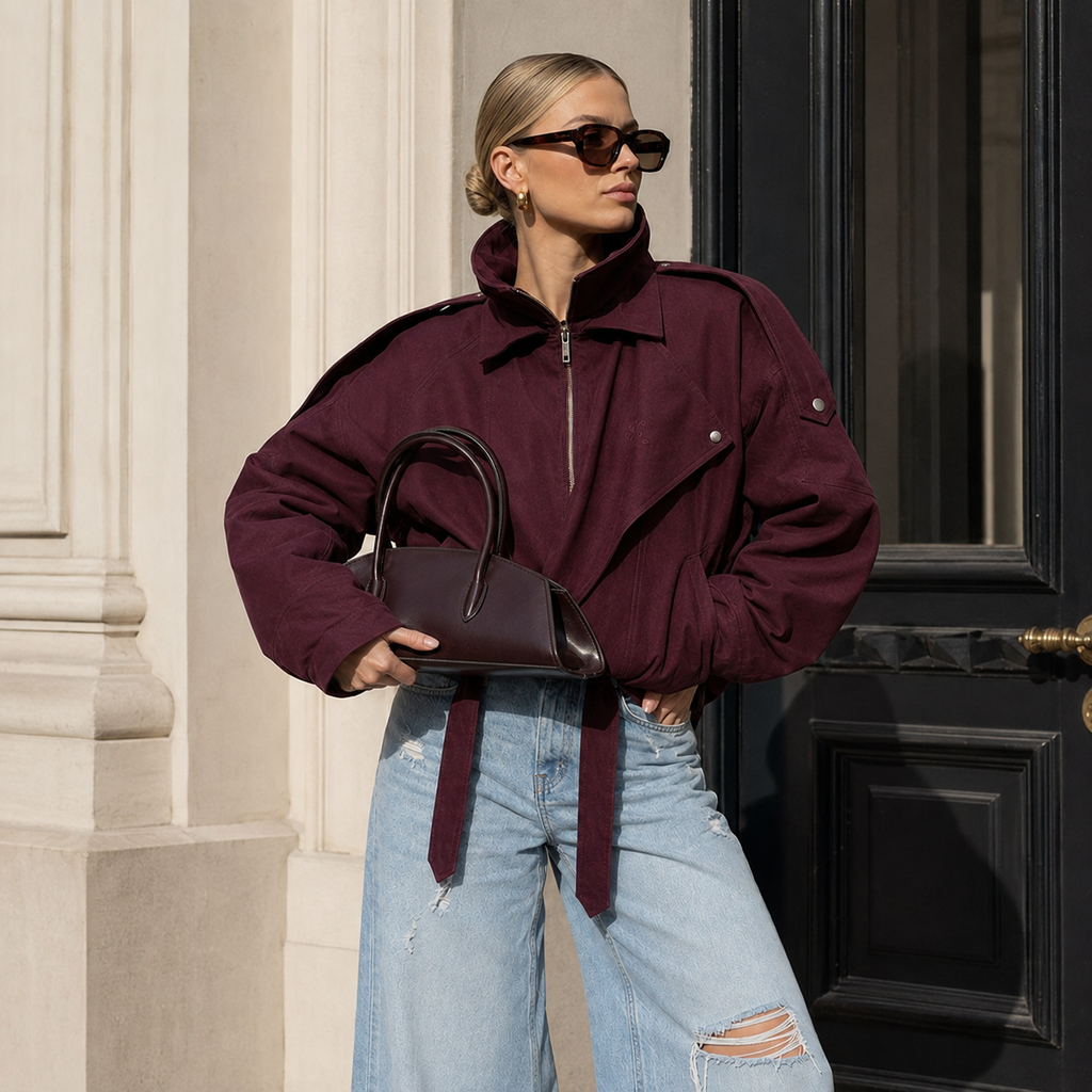 Marceline – Women's Burgundy Bomber Jacket with Stand Collar