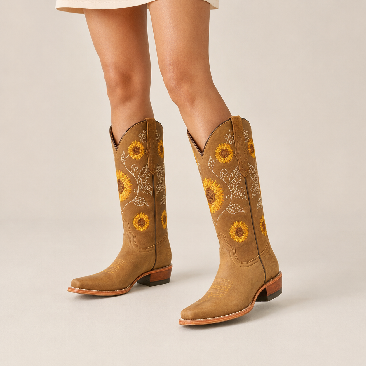 Bronwyn | Brown Sunflower Embroidered Western Pull-On Ankle Boots