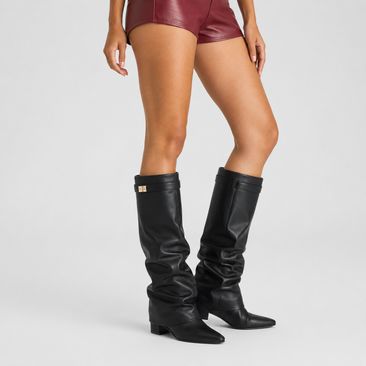 Wilhelmina – Pointed Toe Ruched Tall Boots with Buckle