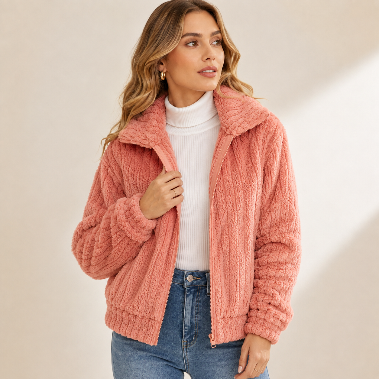 Ottoline | Cosy Teddy Coat for Women with Zip Front & Collared Fleece Design