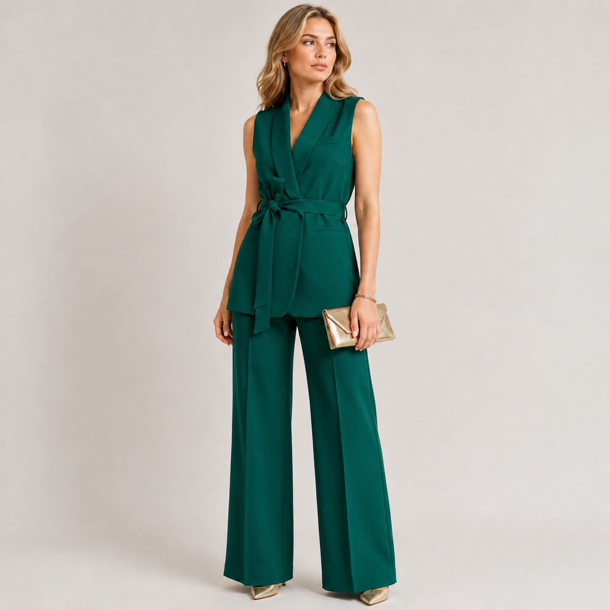 Odalys – Belted Sleeveless Blazer & Wide Leg Trouser Set