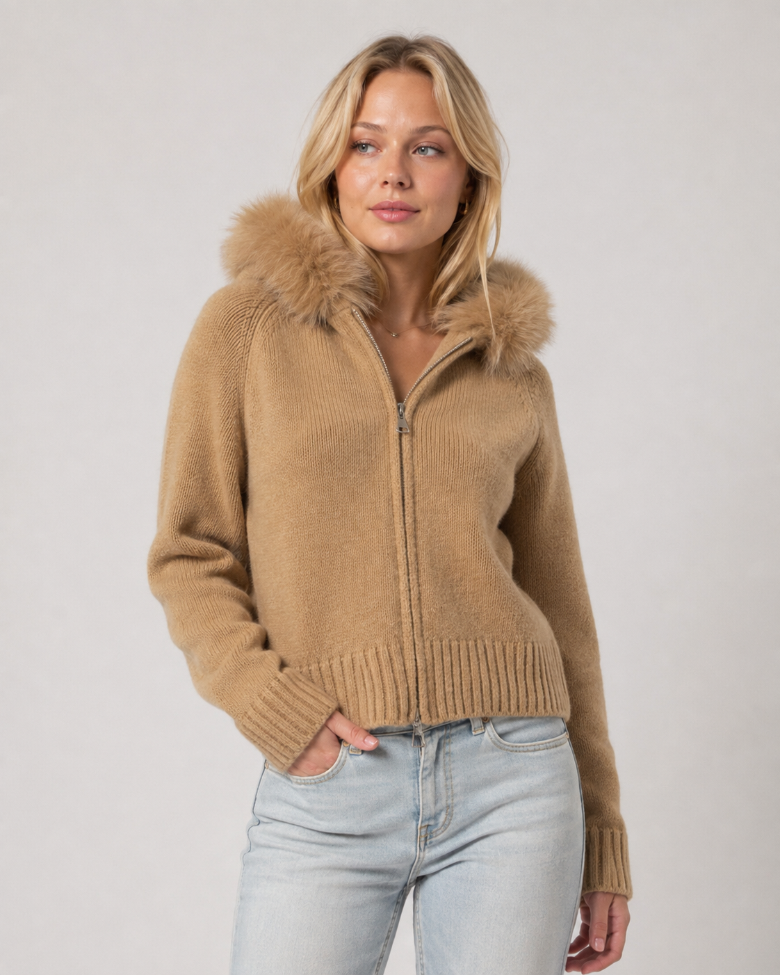 Wilhelmina | Faux Fur Collar Cardigan with Zipper for Women
