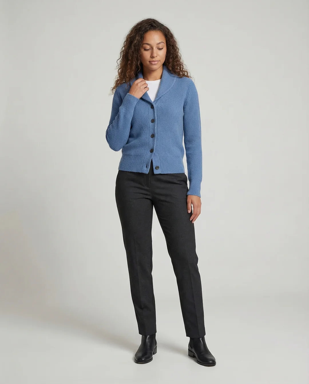 Rowan – Women's Light Blue Lapel Collar Knit Cardigan