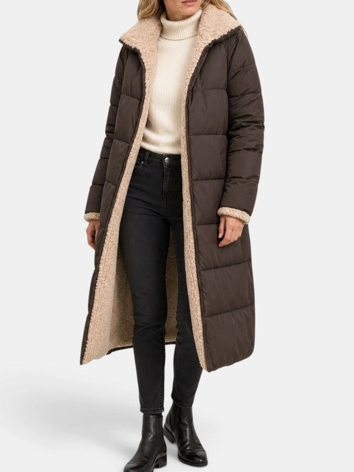 Sabine | Women's Longline Hooded Puffer Coat – Quilted Zip-Up Winter Jacket with Full-Length Coverage