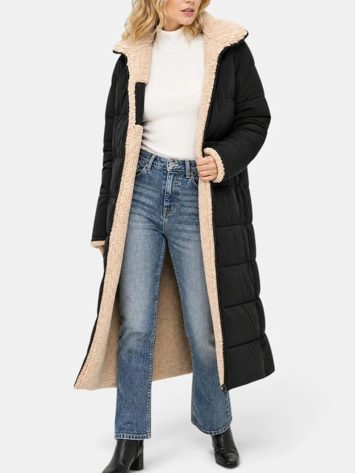 Sabine | Women's Longline Hooded Puffer Coat – Quilted Zip-Up Winter Jacket with Full-Length Coverage
