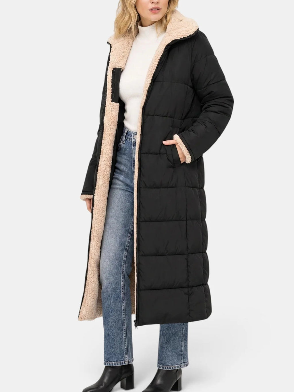 Sabine | Women's Longline Hooded Puffer Coat – Quilted Zip-Up Winter Jacket with Full-Length Coverage