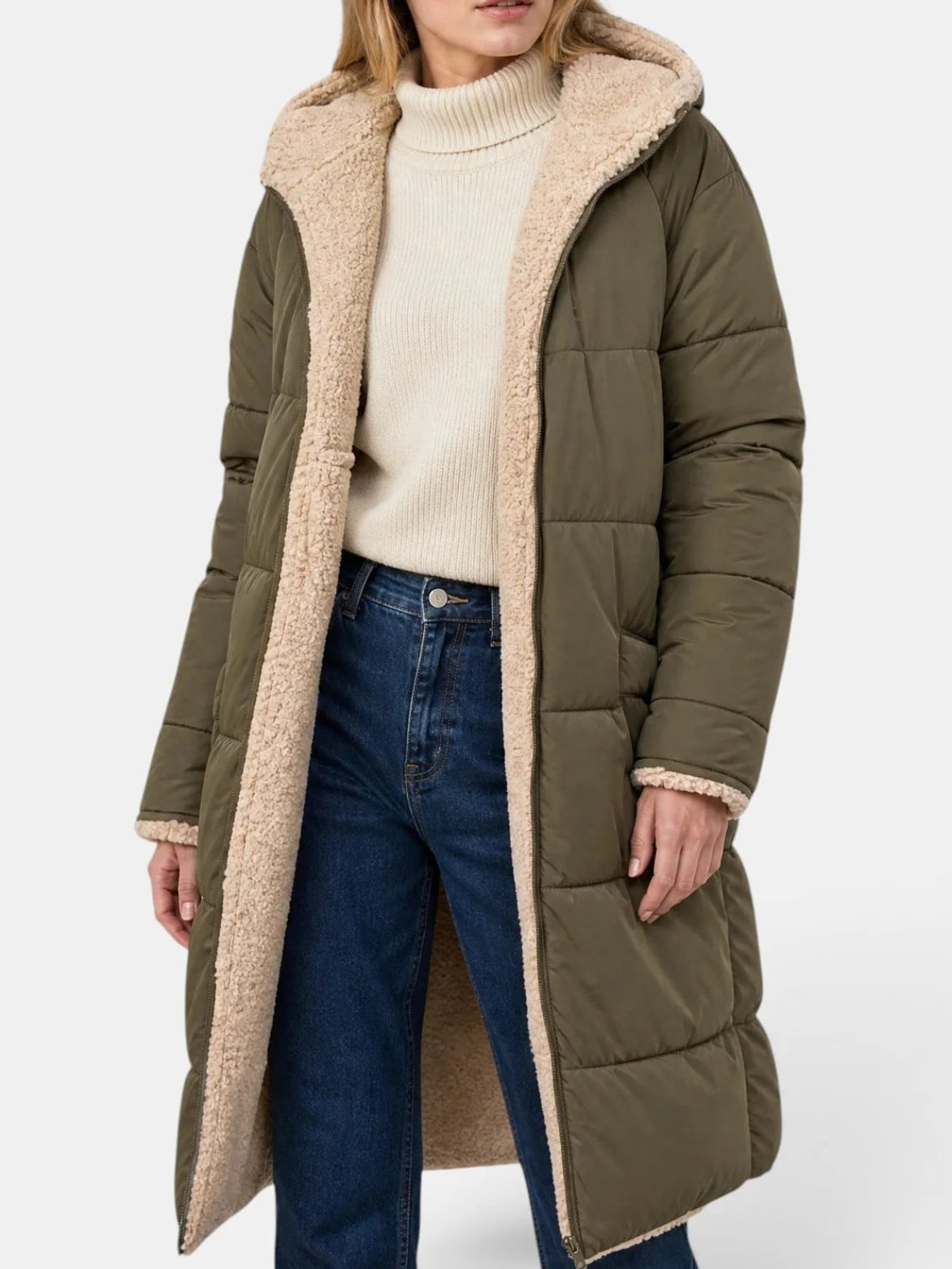 Sabine | Women's Longline Hooded Puffer Coat – Quilted Zip-Up Winter Jacket with Full-Length Coverage