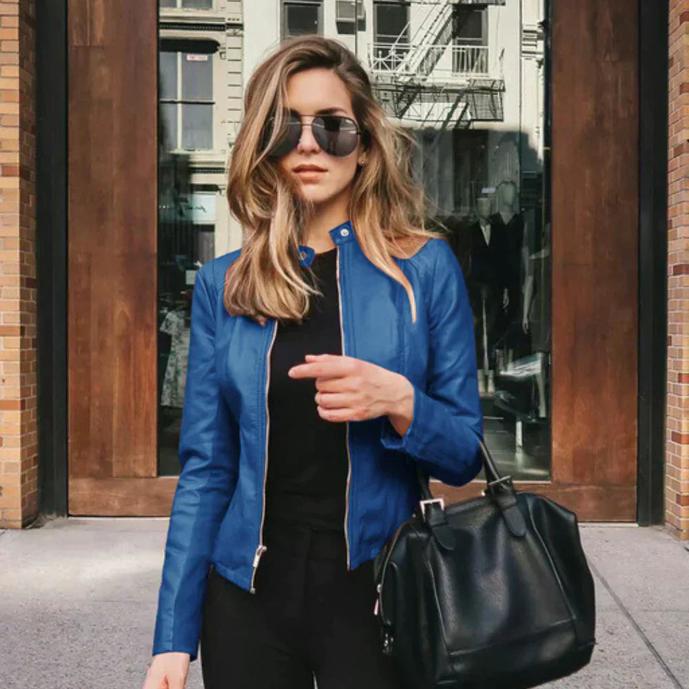 Isabeau – Women's Blue Structured Faux Leather Jacket