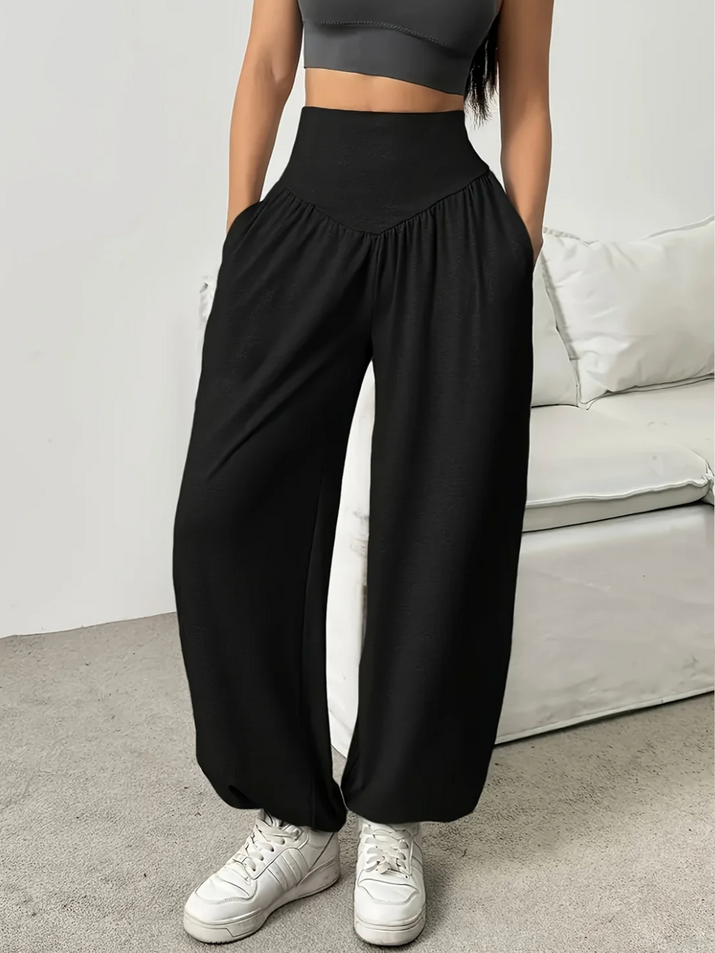 Georgina | Women's High Waisted Wide Leg Trousers – Elasticated Waist, Pockets