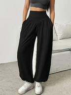 Georgina | Women's High Waisted Wide Leg Trousers – Elasticated Waist, Pockets