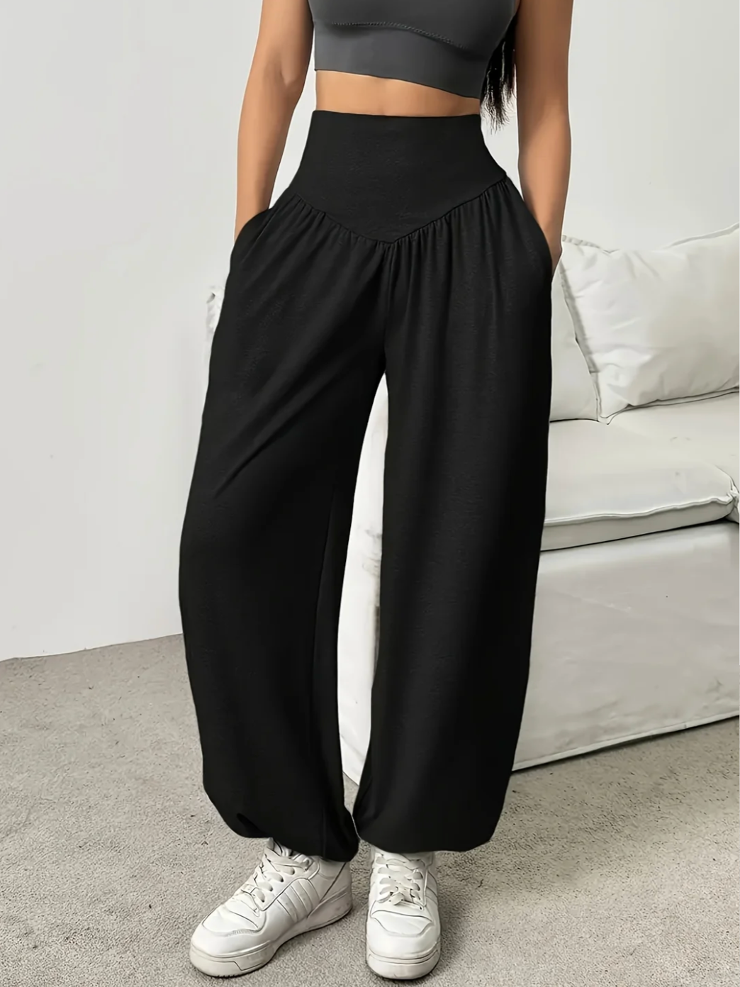 Georgina | Women's High Waisted Wide Leg Trousers – Elasticated Waist, Pockets