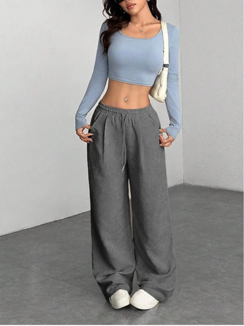 Harriet | Women's High Waisted Wide Leg Trousers – Drawstring Waist, Side Pockets