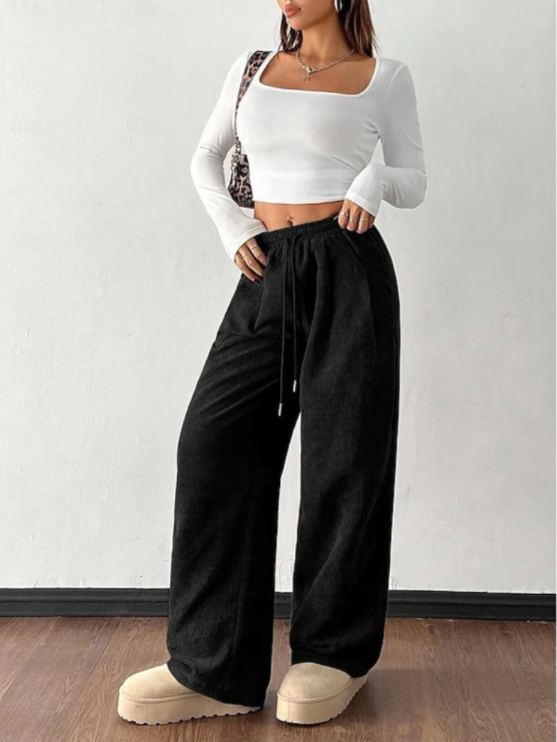 Harriet | Women's High Waisted Wide Leg Trousers – Drawstring Waist, Side Pockets