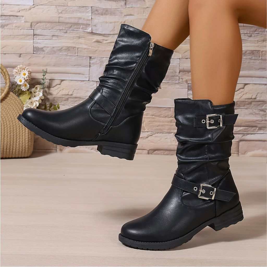 Ines | Women's Mid Calf Boots – Slouch Boots with Buckle Straps