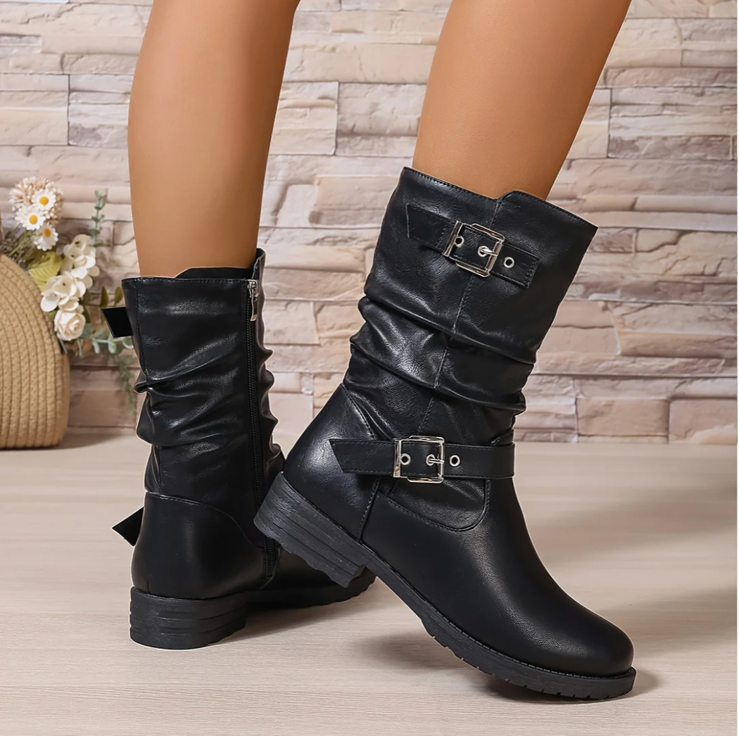 Ines | Women's Mid Calf Boots – Slouch Boots with Buckle Straps