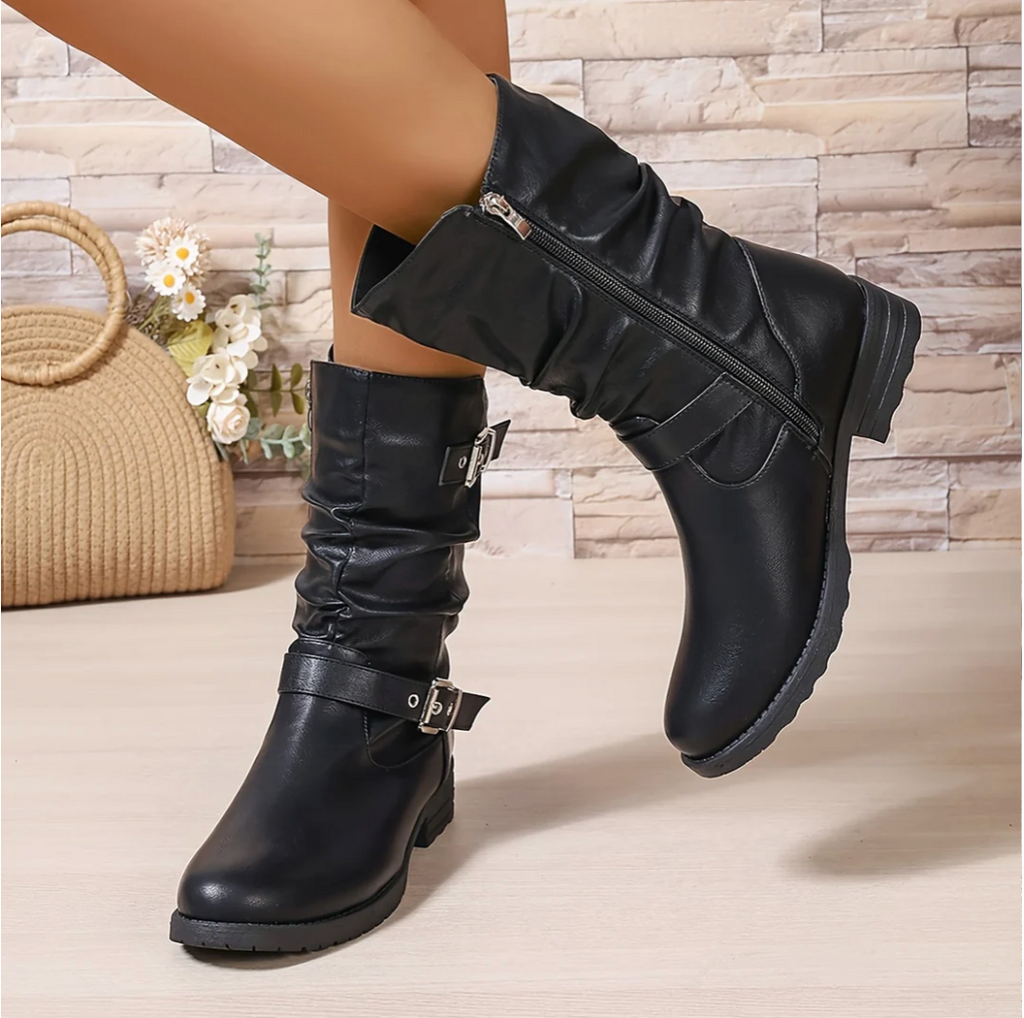 Ines | Women's Mid Calf Boots – Slouch Boots with Buckle Straps