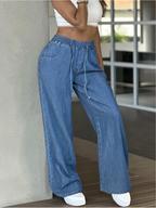 Philippa | Women's Light Blue Wide Leg Trousers with Elasticated Drawstring Waist