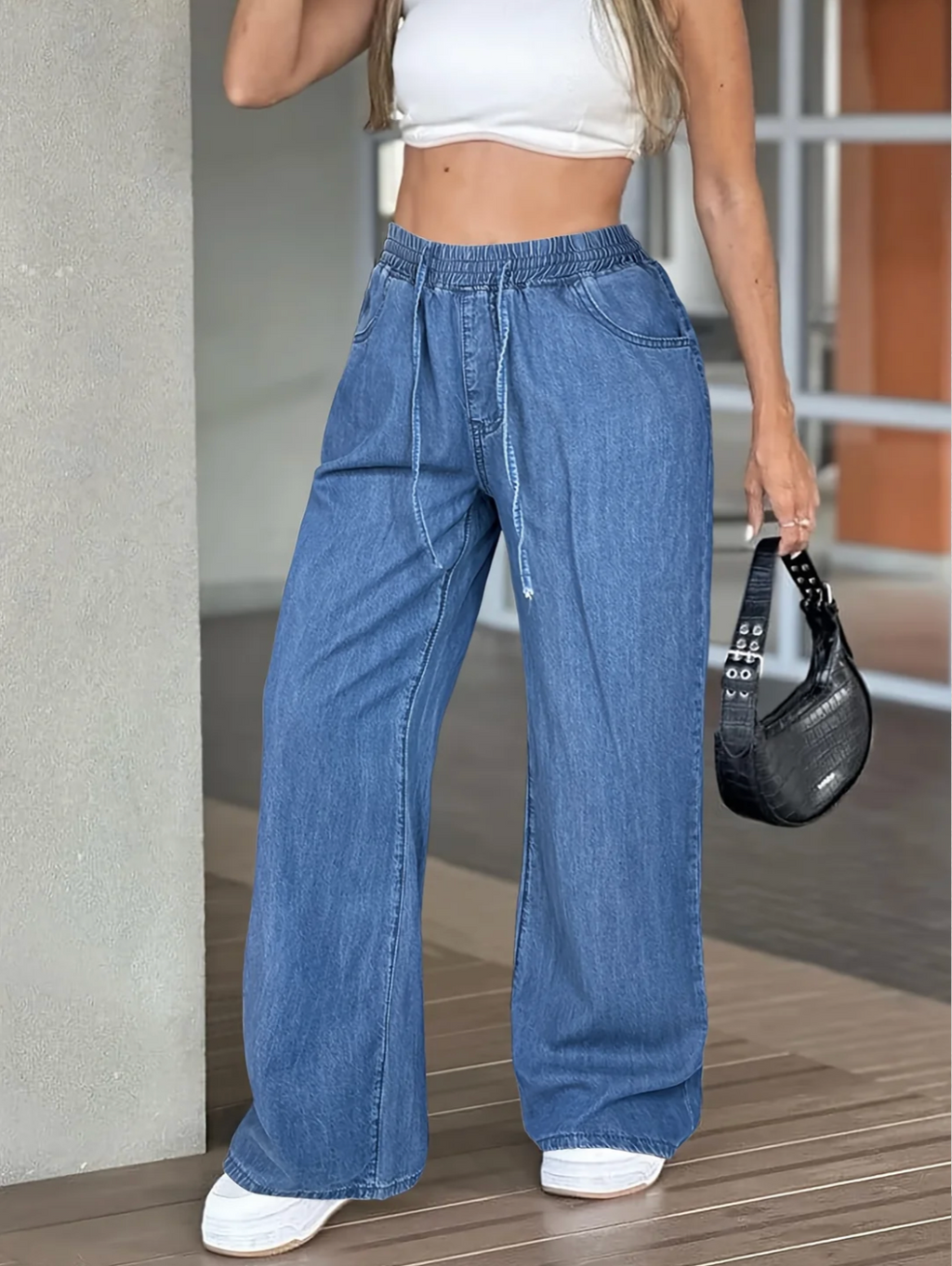 Philippa | Women's Light Blue Wide Leg Trousers with Elasticated Drawstring Waist