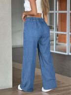 Philippa | Women's Light Blue Wide Leg Trousers with Elasticated Drawstring Waist