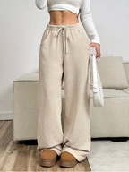 Rosalind | Women's Apricot Wide Leg Trousers with Drawstring Waist – Side Pockets
