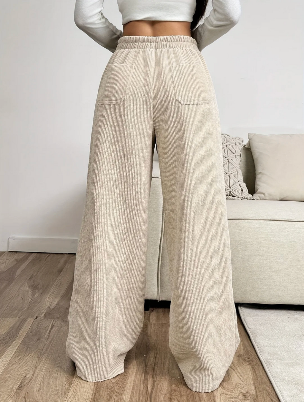 Rosalind | Women's Apricot Wide Leg Trousers with Drawstring Waist – Side Pockets