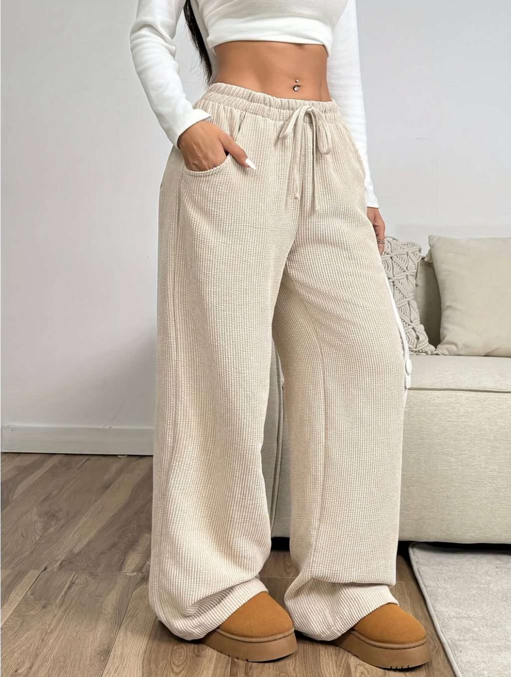 Rosalind | Women's Apricot Wide Leg Trousers with Drawstring Waist – Side Pockets