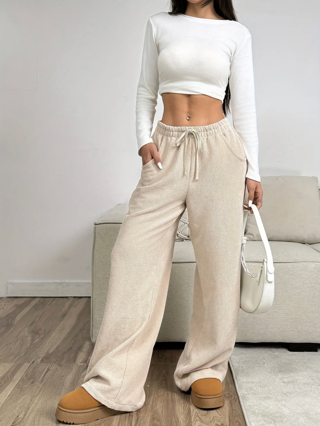 Rosalind | Women's Apricot Wide Leg Trousers with Drawstring Waist – Side Pockets
