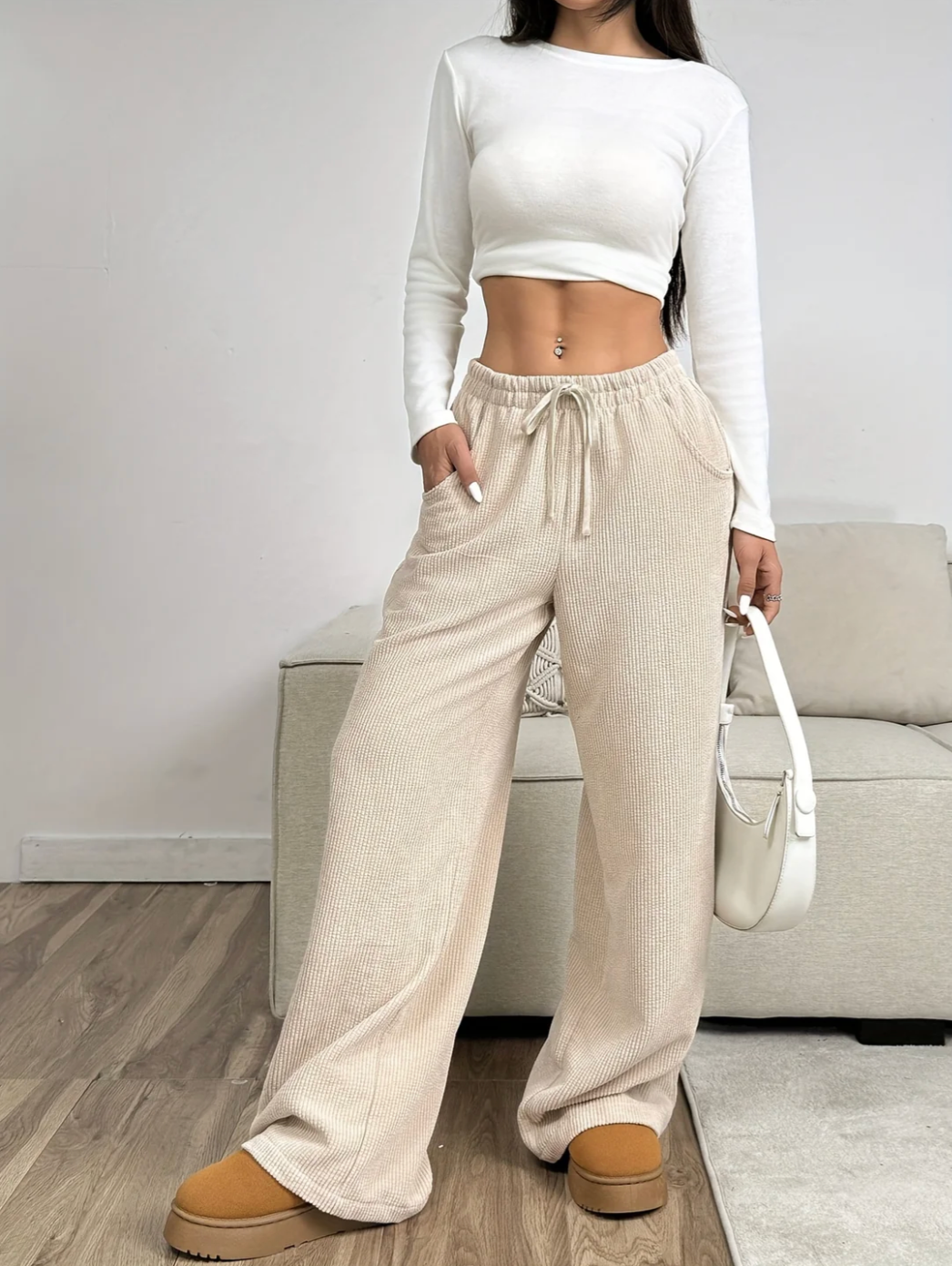 Rosalind | Women's Apricot Wide Leg Trousers with Drawstring Waist – Side Pockets