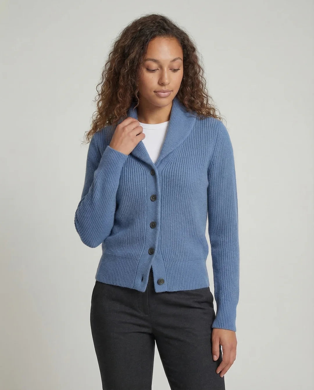 Rowan – Women's Light Blue Lapel Collar Knit Cardigan