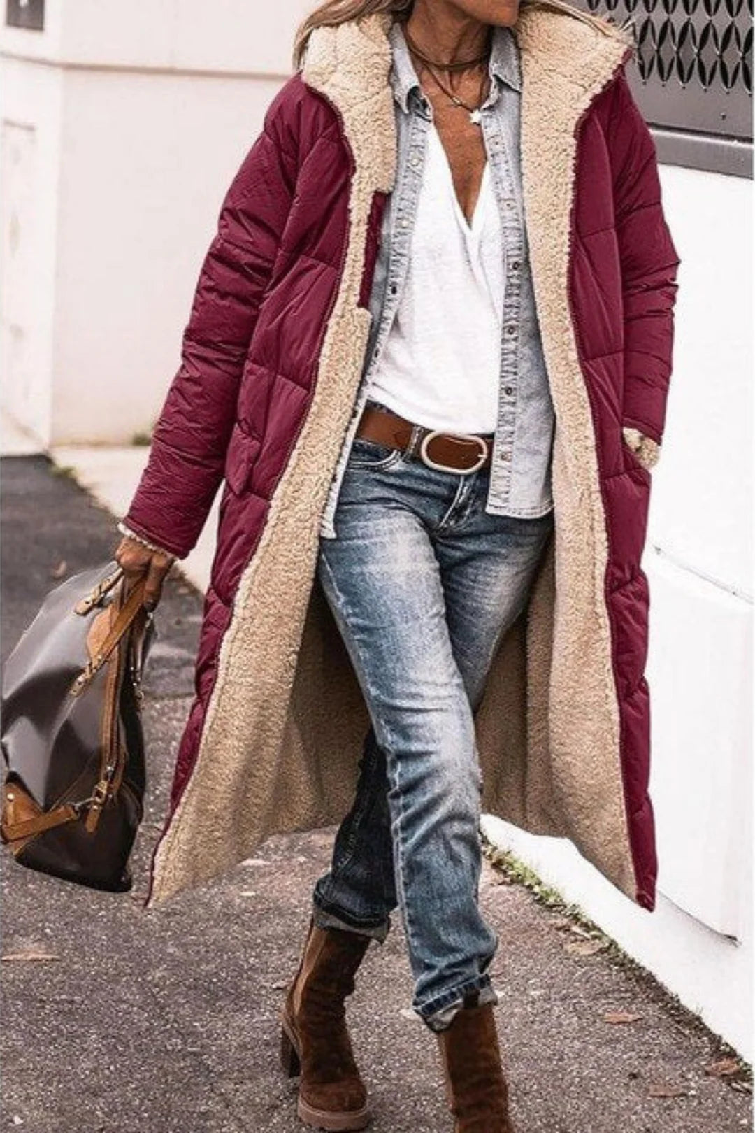Evelisse | Women's Long Reversible Hooded Puffer Coat with Sherpa Lining & Relaxed Winter Fit