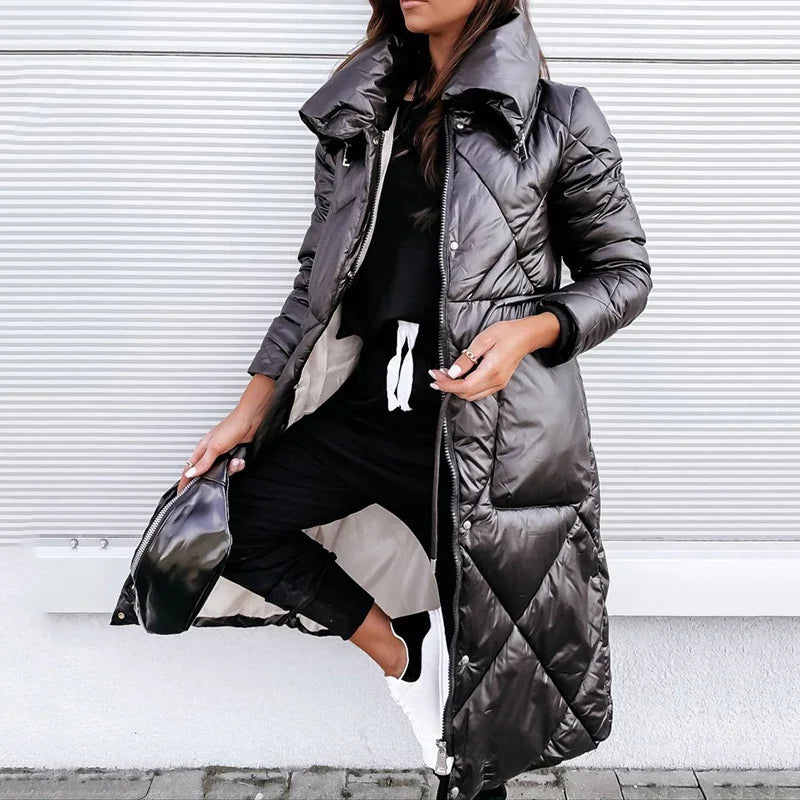 Serena | Women's Long Diamond-Quilted Puffer Jacket with High Collar & Relaxed Winter Fit