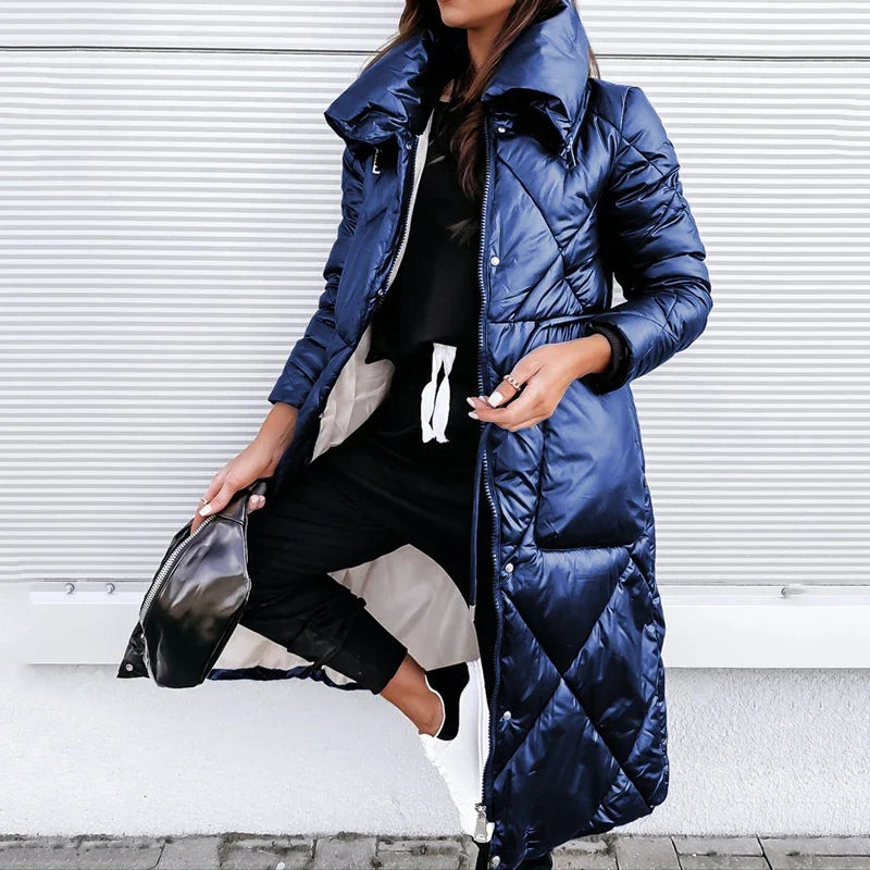 Serena | Women's Long Diamond-Quilted Puffer Jacket with High Collar & Relaxed Winter Fit