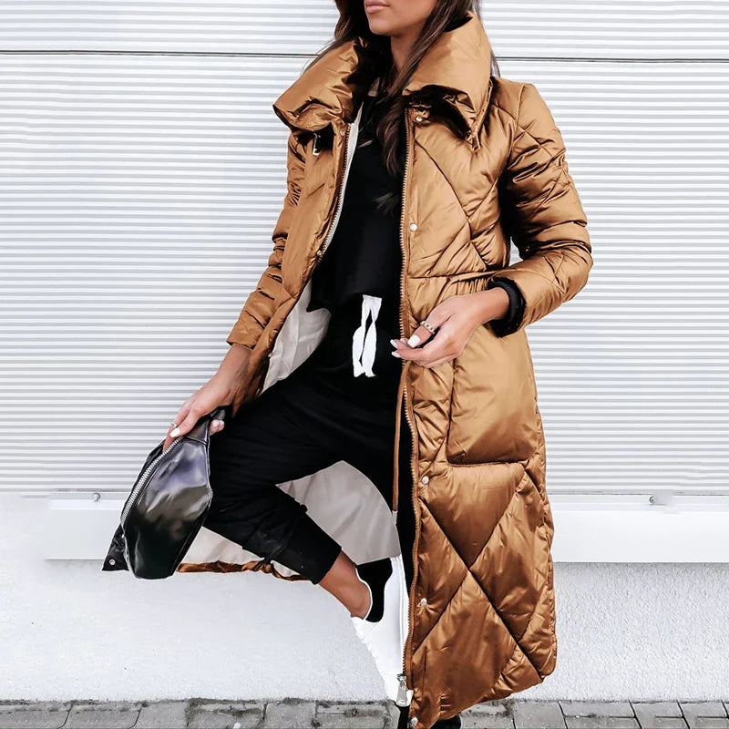 Serena | Women's Long Diamond-Quilted Puffer Jacket with High Collar & Relaxed Winter Fit