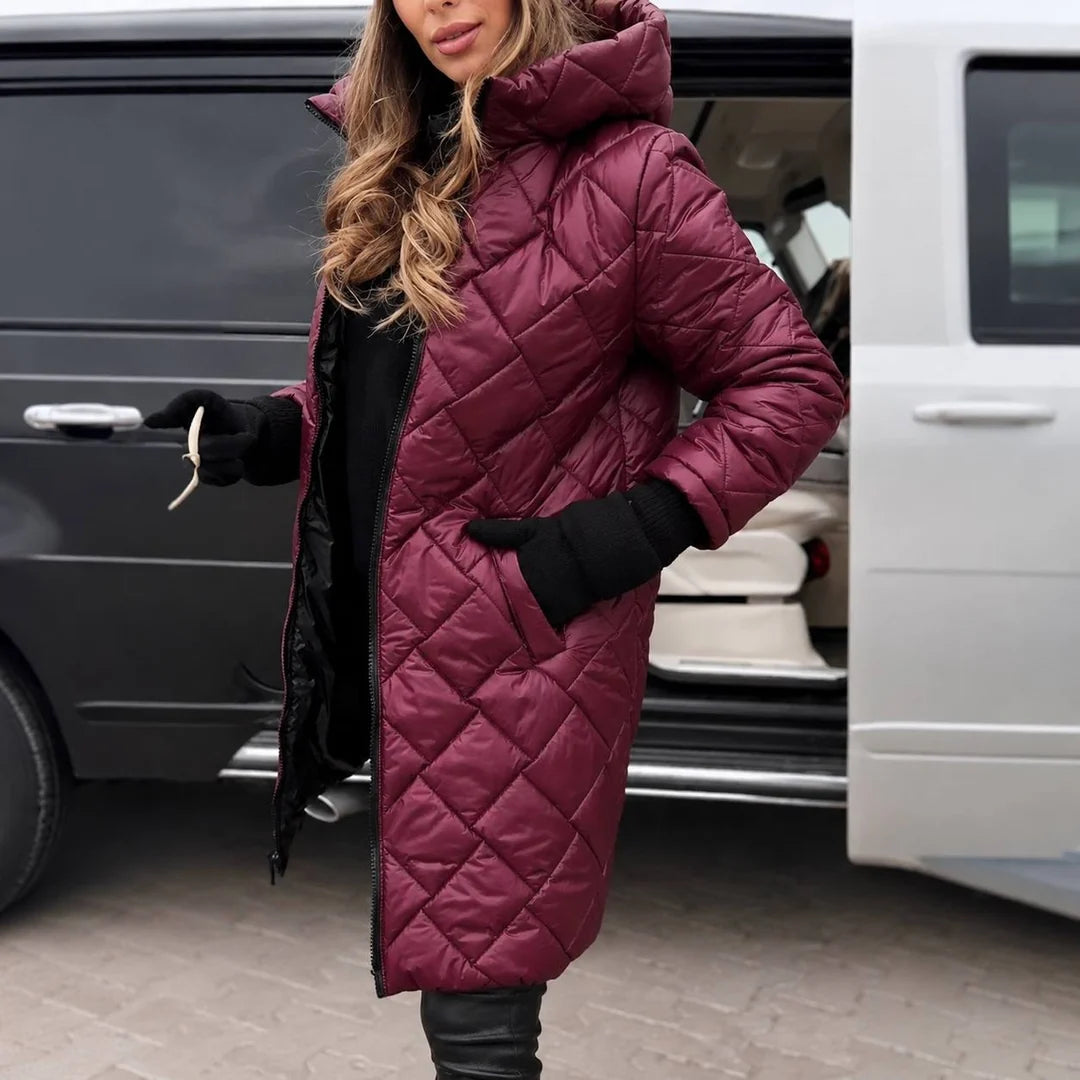 Rosalie | Women's Hooded Long Diamond-Quilted Puffer Coat with Relaxed Fit & Winter Padding